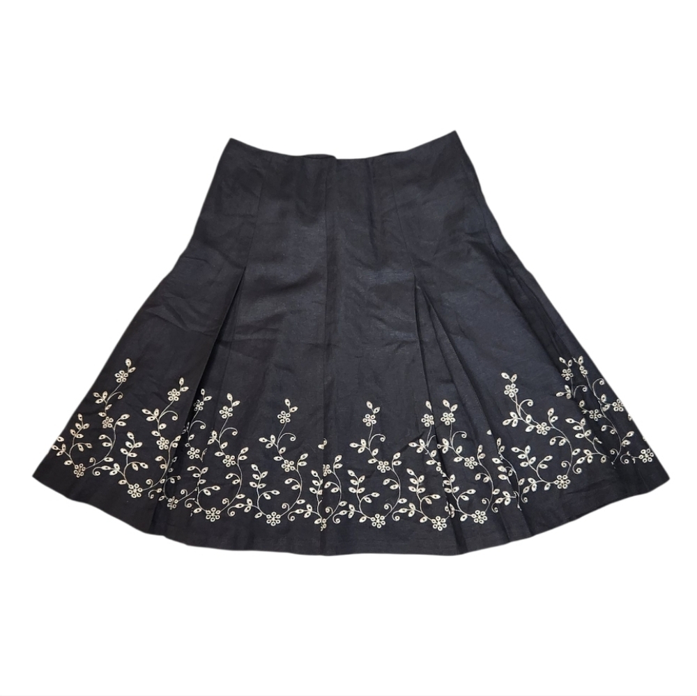 Sandro Sportswear Linen‎ Blend Embroidered Floral Pleated Skirt Size 12